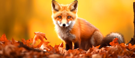 An orange Red fox, a carnivorous terrestrial animal from the dog breed, is standing in a pile of autumn leaves with its whiskers and tail visibleの素材