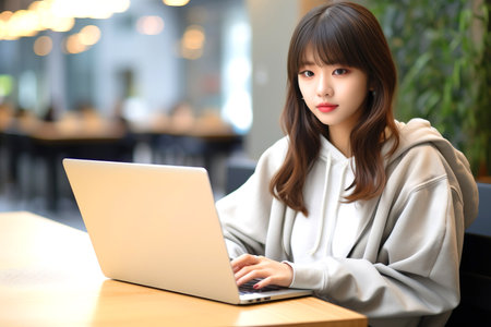 A whitecollar worker is seated at a table, using a laptop computer. A houseplant adds a touch of greenery to the workspaceの素材