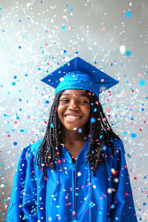 A girl wearing blue graduation gown and cap, celebrating her high school graduation with confetti in the airの素材