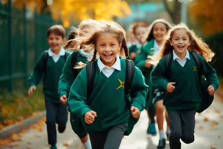 A group of happy children in school uniforms are joyfully running down the sidewalk, their smiles beaming as they enjoy a leisurely moment of fun and entertainmentの素材