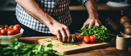 A man is preparing ingredients for a dish in the kitchen by cutting leaf vegetables on a chopping boardの素材