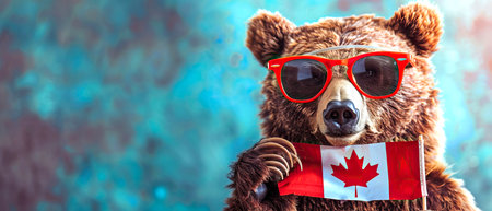 A bear, sporting sunglasses and clutching a Canadian flag, is depicted in the image. The animal represents a carnivorous mammal, perhaps a grizzly or brown bear, in its terrestrial habitatの素材
