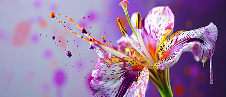 A vibrant painting featuring a lilac flower with detailed petals, set against a crisp violet background. This creative artwork showcases the beauty of a flowering plant through art paintの素材