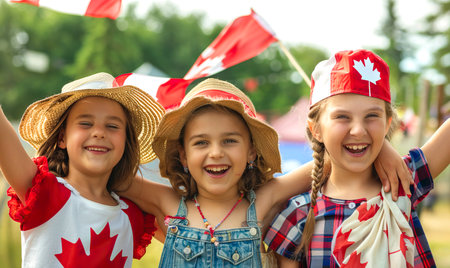 Happy young friends having fun at Canada Day outdoors. High quality photoの素材