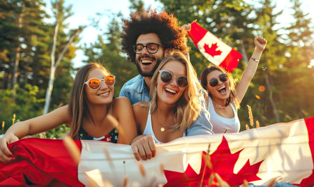Happy young friends having fun at Canada Day outdoors. High quality photoの素材