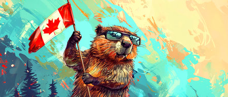 A beaver wearing sunglasses and proudly holding a Canadian flag in its paw. High quality photoの素材
