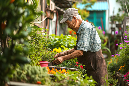 smiling senior man working in the garden with flowers, retirement hobby concept. High quality photoの素材