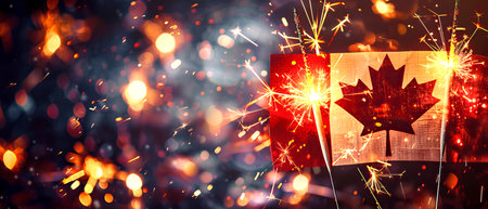 Collage with Canadian flag and sparklers. Canada Day celebrationの素材