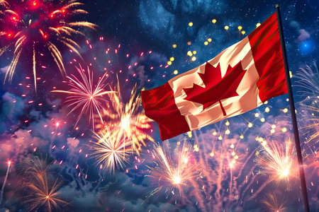 Canada flag on fireworks night skyの素材