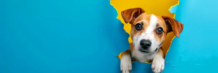 A cute dog sticking its head out of the hole in blue paper, cute pet wallpaper. High quality photoの素材