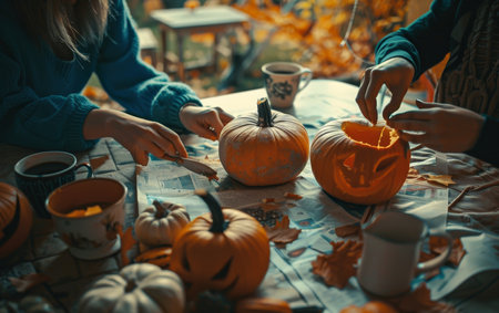 A photo of friends carving pumpkins for Halloween with pumpkin decorations and coffee mugs. The scene is warm with soft lighting, creating an inviting atmosphere for the fall season. The photography style evokes an aesthetic with pastel colors reminiscent of unsplashの素材