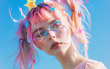 a photo of an eccentric woman with pastel hair and glittery makeup, wearing star shaped head pieces on her hair, pastels, glitter , sparkles, sky background, pastel pink blue purple green yellow orangeの素材