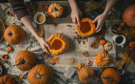 People carving pumpkins, coffee mugs scattered around the room, giving cozy fall vibes, from an overhead shot, in the style of unsplash photography. High quality photoの素材