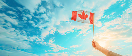 hand holding Canada flag on blue sky background. Canada Day and happy celebration conceptsの素材
