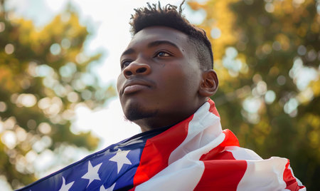 Serious African American man holding American flag on shoulder and looking awayの素材