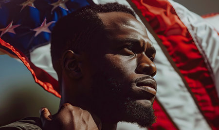 Serious African American man holding American flag on shoulder and looking awayの素材