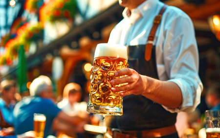 Oktoberfest waiter serving big beer mugsの素材