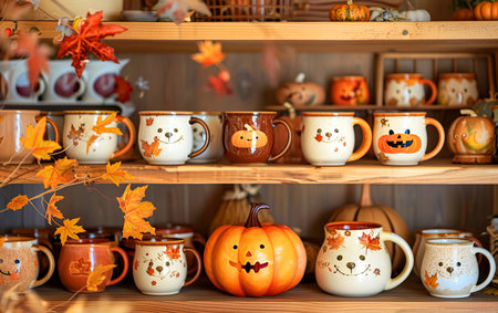 A shelf filled with cute pumpkin mugs, each decorated in unique patterns and designs to capture the spirit of Halloween. In autumn colors, surrounded by pumpkins, fall leavesの素材