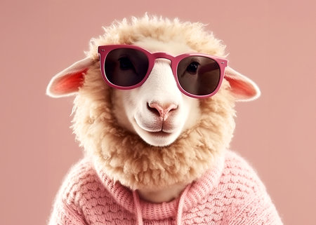 Cute cartoon anthropomorphic sheep wears a pink sweater and glassesの素材