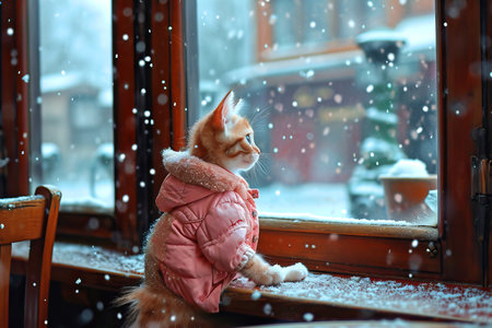 A cat is sitting at a table in front of a window drinking coffeeの素材