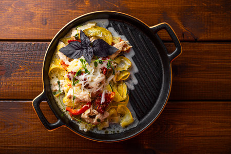 Healthy zucchini pasta with chicken and sun-dried tomatoes, top viewの写真素材