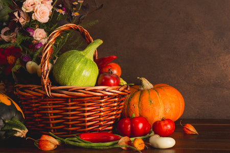 Autumn harvest of different vegetables. Still life of food on wooden table. Concept healthy foodの写真素材