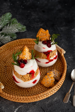 Two glasses of Christmas dessert with gingerbread cookies, whipped cream and cranberries on dark background - vertical photo. High quality photoの写真素材