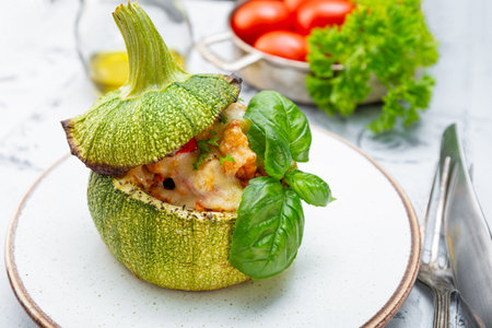 Stuffed zucchini pot with cheese and basil on the table. High quality photoの写真素材