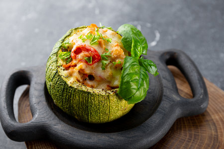 Stuffed zucchini pot with cheese and basil on the gray background. High quality photoの写真素材