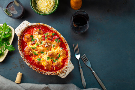 Meat balls in tomato sauce with mozzarella cheese and parmesan and two glasses of red wine on a dark tableの写真素材