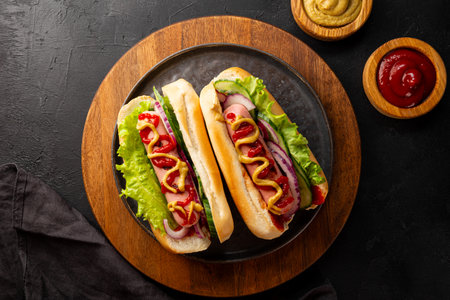 Homemade hot dogs with sausage, green salad, cucumber and red onion on the black background top view. High quality photoの写真素材