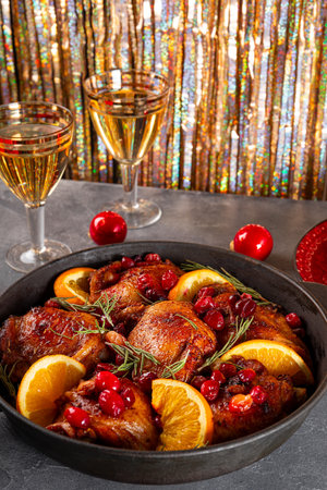 Christmas baked chicken with cranberries and oranges in a frying pan and two glasses of champagne on a festive table vertical photo. High quality photoの写真素材