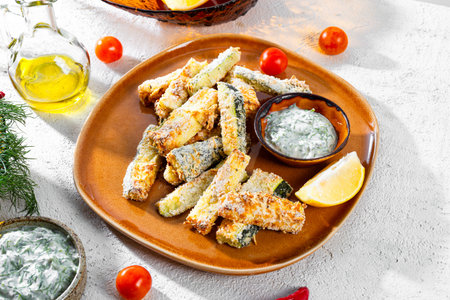 Healthy zucchini fries with yogurt and herbs sauce on white background. High quality photo