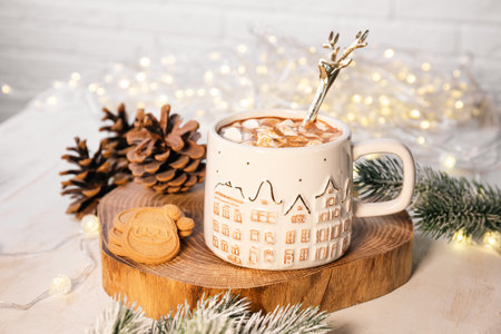 A mug of cocoa with marshmallows on a New Year's table on a white and wooden background. festive and cozy Christmas card. High quality photoの写真素材