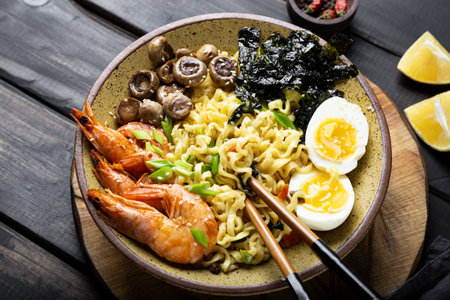 Asian ramen with shrimp, mushrooms, egg and greens close upの写真素材
