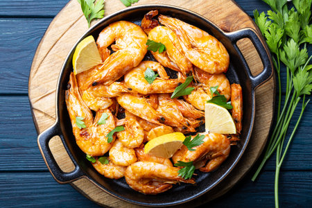 Fried shrimps with lemon and green on a round board, top view, copy space for textの写真素材