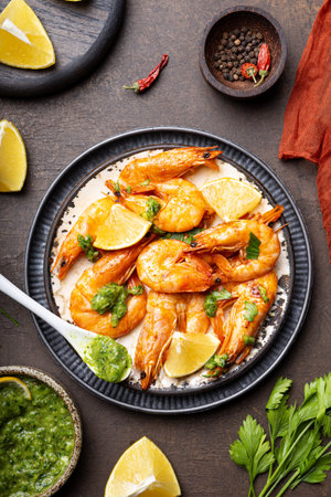 Fried shrimps with lemon and green in a plate vertical photoの写真素材