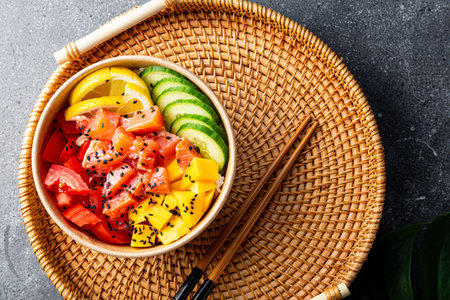 Poke bowl with salmon, mango and vegetables on the table.