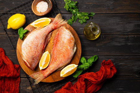 Raw red sea bass or perch on cutting board top view, black seafood food background with copy space....
