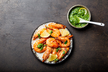 Fried shrimps with lemon and green in a plate, top view, copy space for text. High quality photoの写真素材