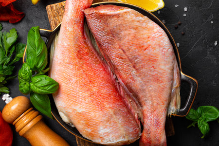 Raw red sea bass or perch on cutting board top view, black seafood food background with copy space....