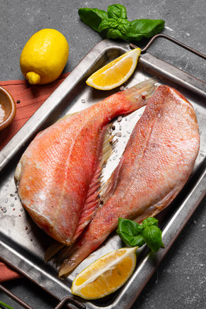 Raw red sea bass or perch on cutting board, black seafood food background vertical photo. High...