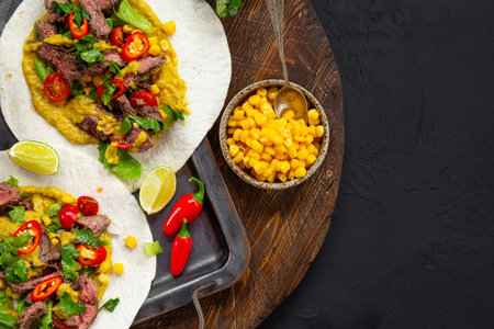 Mexican tacos, tortilla with beef, vegetable sauce, corn and tomatoes on the black background top...