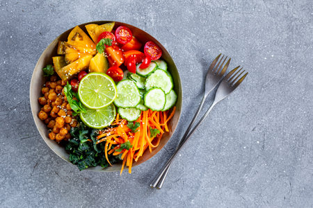 Buddha bowl - vegetarian bowl with chickpeas and fresh vegetables on the grey background top view copy space for textの写真素材