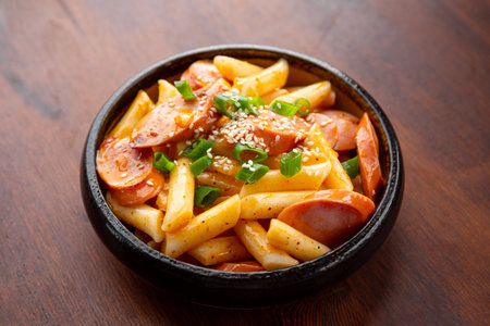 Korean street food, tteokbokki with sausages and sesame on the tableの写真素材