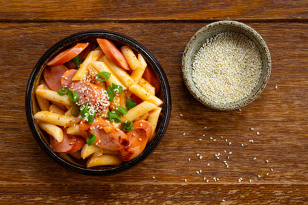 Korean street food, tteokbokki with sausages and sesame on wooden background top view copy space for...