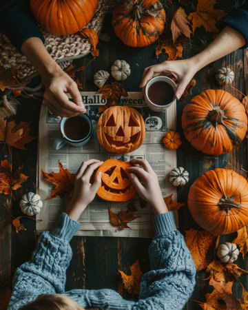 People carving pumpkins, coffee mugs scattered around the room, giving cozy fall vibes, from an overhead shot, in the style of unsplash photographyの素材