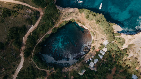 Aerial drone view of the Broken Beach, Nusa Penida, Bali. stunning Broken Beach locally known as Pantai Pasih Uug.の写真素材