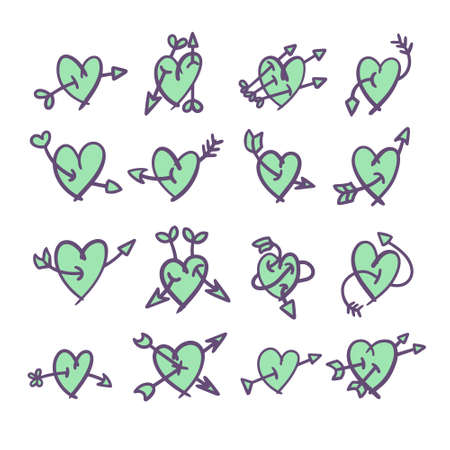 Hand drawn purple and green hearts with arrows.のイラスト素材