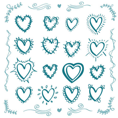 Hand drawn cute vector hearts in different styles.のイラスト素材